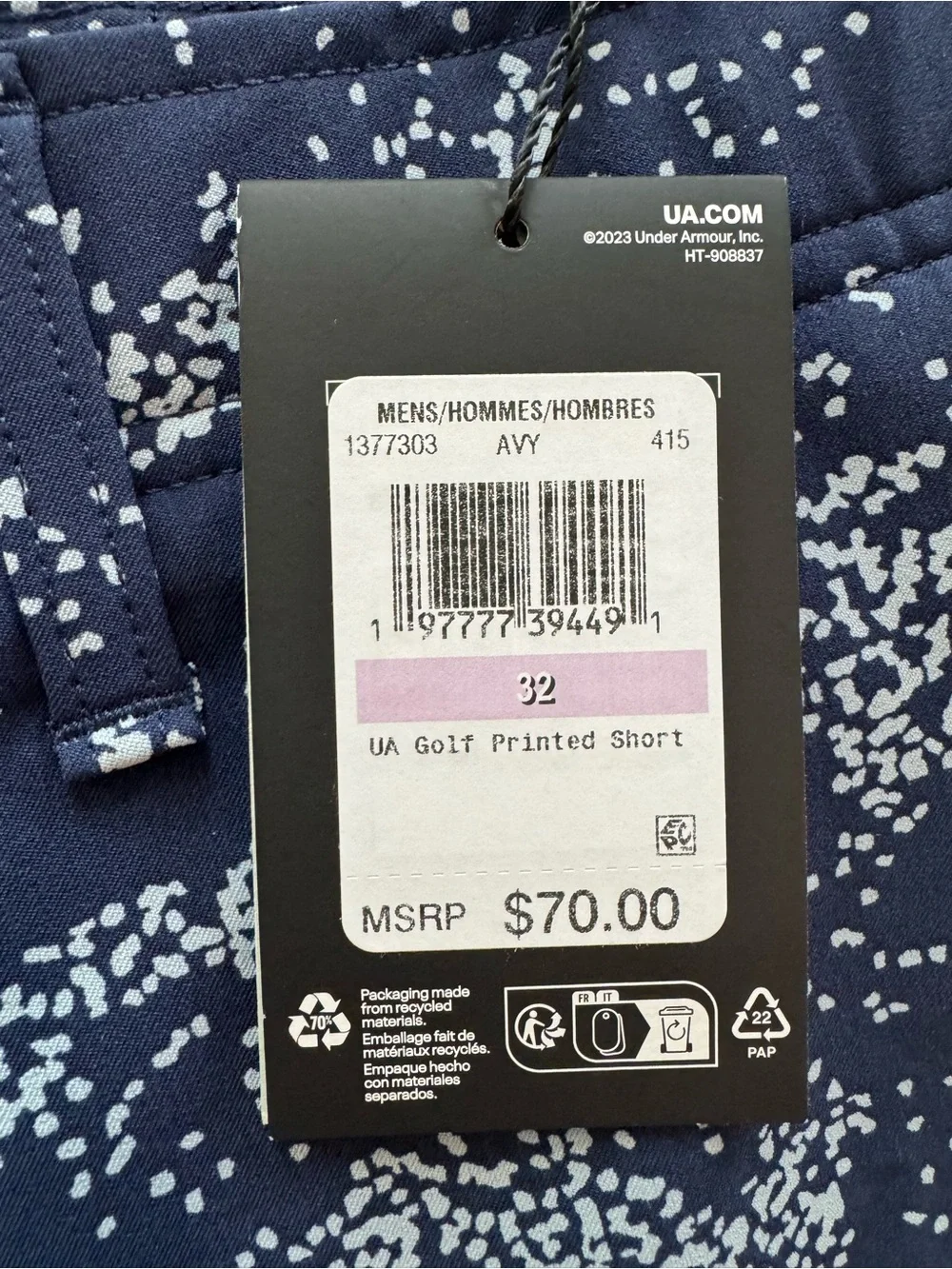 Under Armour Golf Printed Shorts. Size 32. Dark Blue Speckled. 10in Inseam. NWT